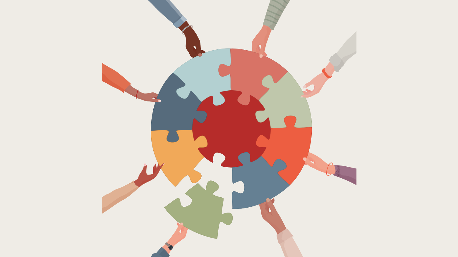 Illustration of a circular puzzle being put together by many different hands.