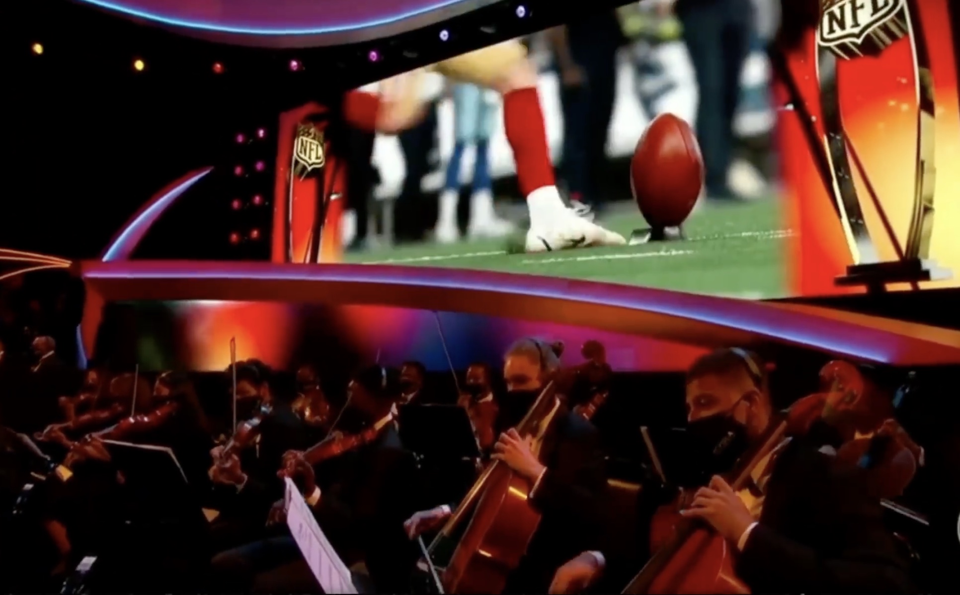 Two images together: string players on the bottom and a closeup of a football and a leg just before kickoff at a football game.