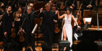 Music Director Esa-Pekka Salonon, Lindberg, and soloist Yuja Wang stand on stage at the San Francisco Symphony Oct. 13 world premiere of Magnus Lindberg’s Piano Concerto No. 3: